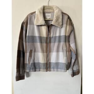 $170 NWT Lucky Brand Cropped Boxy Jacket Faux Shearling Collar Tan Blue Plaid